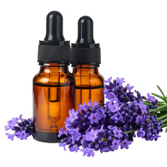 Two amber dropper bottles with lavender blooms on black background, conveying aromatherapy