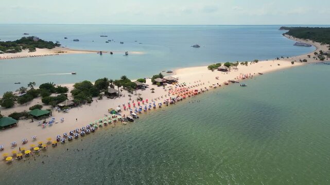 Aerial drone footage over "Alter do Chao" beach on "Ilha do Amor" island, along the Tapajos river in Santarem, Para state, Brazil &ndash; a freshwater paradise known as the brazilian caribbean