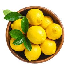 Overhead shot of bright yellow lemons with green leaves, in a dark wooden bowl