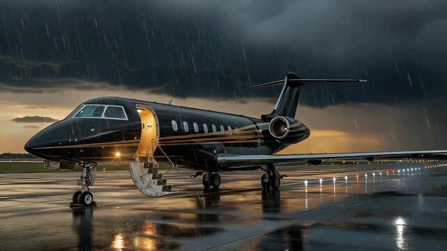 Luxury private jet ready for takeoff against dramatic stormy sunset sky promises exclusive travel and prestige, an aspirational symbol