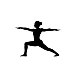 Silhouette of a woman in Warrior Two yoga pose with arms extended