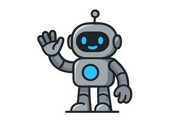 Obraz premium Cute gray robot character waving hand in a friendly greeting gesture standing