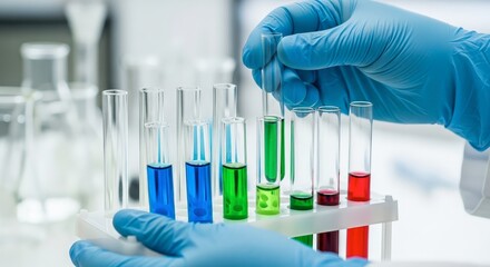 Scientist Conducts Chemistry Experiment with Colorful Liquids in Test Tubes