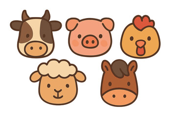 Obraz premium Set of cute stylized farm animal faces featuring a cow pig chicken sheep and horse