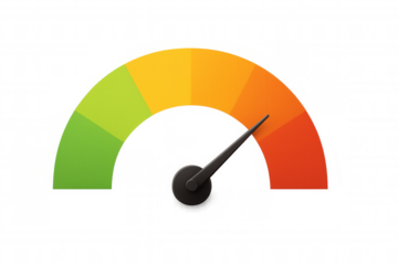 Performance gauge showing high satisfaction or risk level, rating, score, and indicator on a transparent background