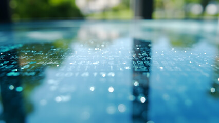Realistic macro photo capturing reflections of digital code and data patterns on a glass surface. The composition blends technical detail with artistic realism, featuring a blurred background for copy