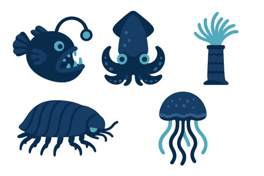 Stylized set of deep ocean inhabitants: anglerfish, squid, jellyfish, and giant isopod