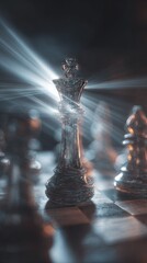 Chess king piece illuminated on a checkered board strategic concept