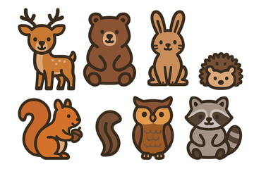 Naklejka premium Set of cute woodland animals including deer bear rabbit hedgehog squirrel owl and raccoon characters