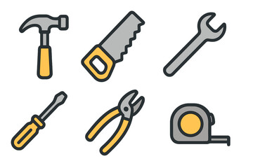 Fototapeta premium Essential construction and repair hand tools including hammer saw wrench and screwdriver