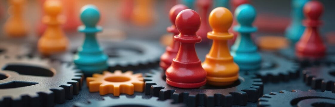 Colorful chess pawns arranged on metal gears symbolize teamwork, strategic planning. Collaboration, interconnectedness key elements shown in concept. Business success relies on organized effort.