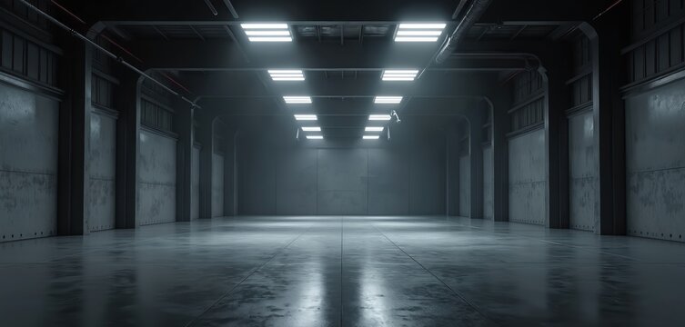 Spacious industrial hangar interior with polished concrete floor reflecting bright overhead lights. Tall metal walls line empty corridor creating stark, futuristic atmosphere for product displays