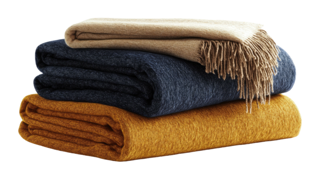 Stack of folded blankets tan with fringe, navy, & golden-yellow