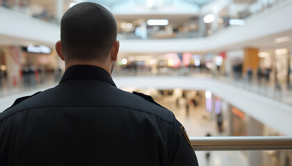 Security guard on duty at a shopping center, overlooking multiple levels of retail stores. Protecting shoppers and ensuring safety. Keeping watch and vigilant.