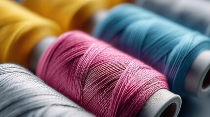 Colorful spools of thread arranged closely together