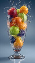 Colorful fruits overflowing from a glass with splashing water droplets