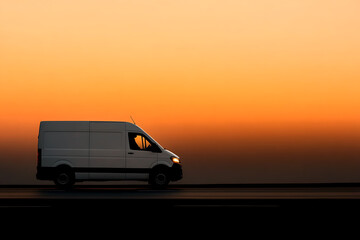 Delivery van at dusk. Transport services and logistics during sunset. Modern distribution and delivery vehicles. Commercial car in warm orange light.