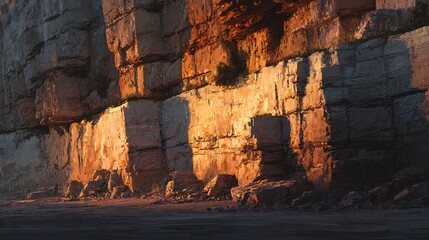 Dramatic sunlight paints the textured cliff face with warm golden hues, evoking a sense of peace and natural beauty in this stunning landscape