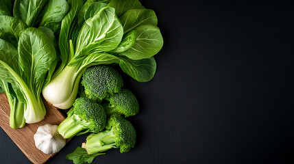 Fresh vegetables: bok choy, broccoli, and garlic, arranged on a wooden board against a dark background. Healthy eating concept. Green vegetables.