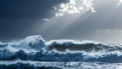 A dramatic ocean scene displays giant, churning waves crashing, illuminated by beams of sunlight breaking through a stormy sky