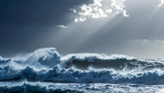 A dramatic ocean scene displays giant, churning waves crashing, illuminated by beams of sunlight breaking through a stormy sky - Powered by Adobe