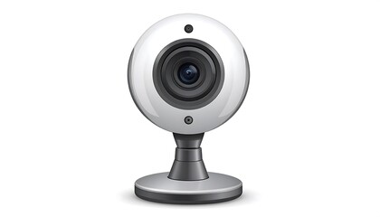 A digital webcam with a circular lens, white body, and metal stand, captured against a white background