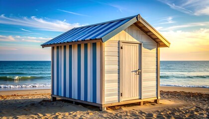 A small, striped beach hut stands on a sandy shore, facing the ocean under a partly cloudy blue sky at sunset. The hut has a blue roof