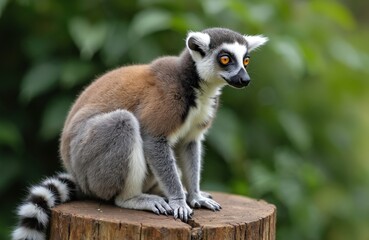 Fototapeta premium Lemur catta sits on tree stump. Lemur grey, brown fur with white face. Long black, white tail. Yellow eyes. Green leaves in background. Ring-tailed lemur in natural habitat. Madagascar endemic