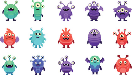Obraz premium Colorful cartoon monster collection, playful character set, cute fantasy creatures, kids design elements, whimsical icons for creative and educational use