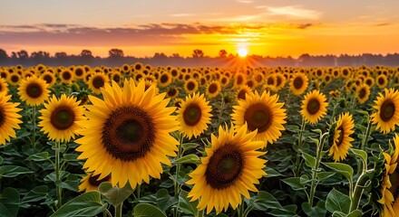Fototapeta premium Golden Sunflower Field at Sunset - A Vibrant Landscape of Summer.