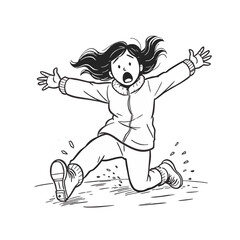Fototapeta premium Fearful run: A girl with a shocked expression slips as she runs, with outstretched arms and wide eyes showing panic in this monochrome sketch.