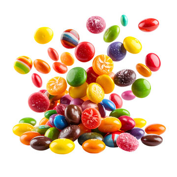 A dynamic shot captures a cascade of assorted, colorful candies mid-air, close-up view