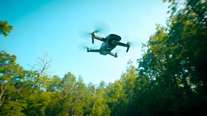 Realistic 8K HDR photograph of a drone flying over a forest, capturing environmental data under natural sunlight. The scene features no people and ample sky area for copyspace, ideal for illustrating 