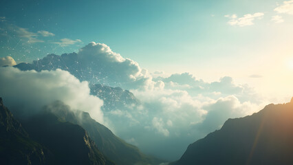 Realistic 8K photograph of soft floating cloud shapes over a mountain landscape with subtle data connection overlays. The cinematic composition and ample sky copyspace make it ideal for illustrating c