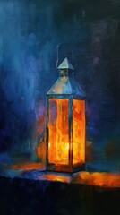 Decorative lantern illuminating with warm light against a dark textured background