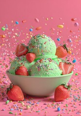 Delicious green ice cream with strawberries and sprinkles on a pink backdrop
