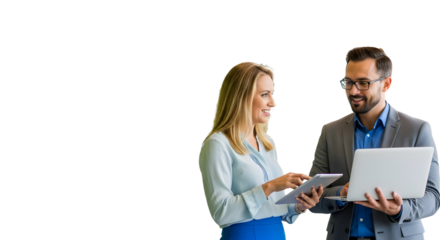 Smiling business partners working together, sharing ideas on a digital tablet and laptop with a clean white background for copy space