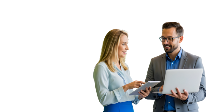 Smiling business partners working together, sharing ideas on a digital tablet and laptop with a clean white background for copy space - Powered by Adobe