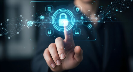 Futuristic concept of cybersecurity with a person's hand activating a digital lock interface for secure network access and data privacy