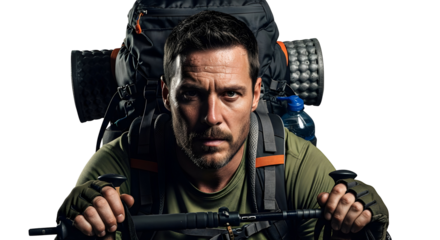 Intense portrait of a determined male adventurer geared for rugged outdoor expeditions, showcasing strength, readiness, and resilience for wilderness challenges and discovery