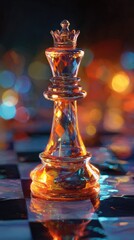 Detailed glass king chess piece on checkered board with bokeh background