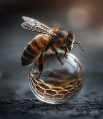 Detailed macro shot of bee on glass sphere artistic nature composition