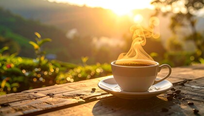 A cup of steaming coffee rests on a wooden surface, the background is a bright sunrise over lush greenery. The warm beverage invites relaxation