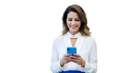 Smiling professional woman efficiently engaging with her smartphone, demonstrating modern connectivity and swift information exchange in a digital world, fostering productivity and happiness