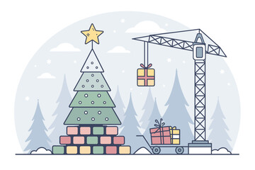 Christmas tree with presents being lifted by a crane in winter  