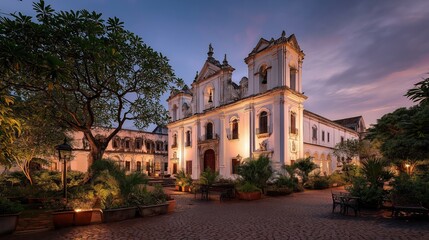 old Goa Portuguese colonial church with baroque façade, warm lighting