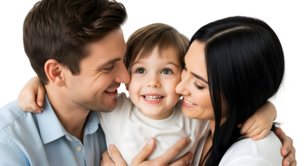 Joyful parents embracing their happy young child, sharing a moment of pure family love and affection, capturing the essence of a loving bond and togetherness