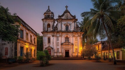 Fototapeta premium old Goa Portuguese colonial church with baroque façade, warm lighting