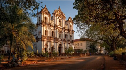 old Goa Portuguese colonial church with baroque façade, warm lighting