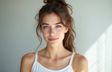 Fototapeta premium Young woman with brown ponytail, natural makeup, sparkling eyes, clean smooth skin smiles gently. Wears white tank top, exuding relaxed, happy, serene vibe in casual attire, feeling good. Youthful